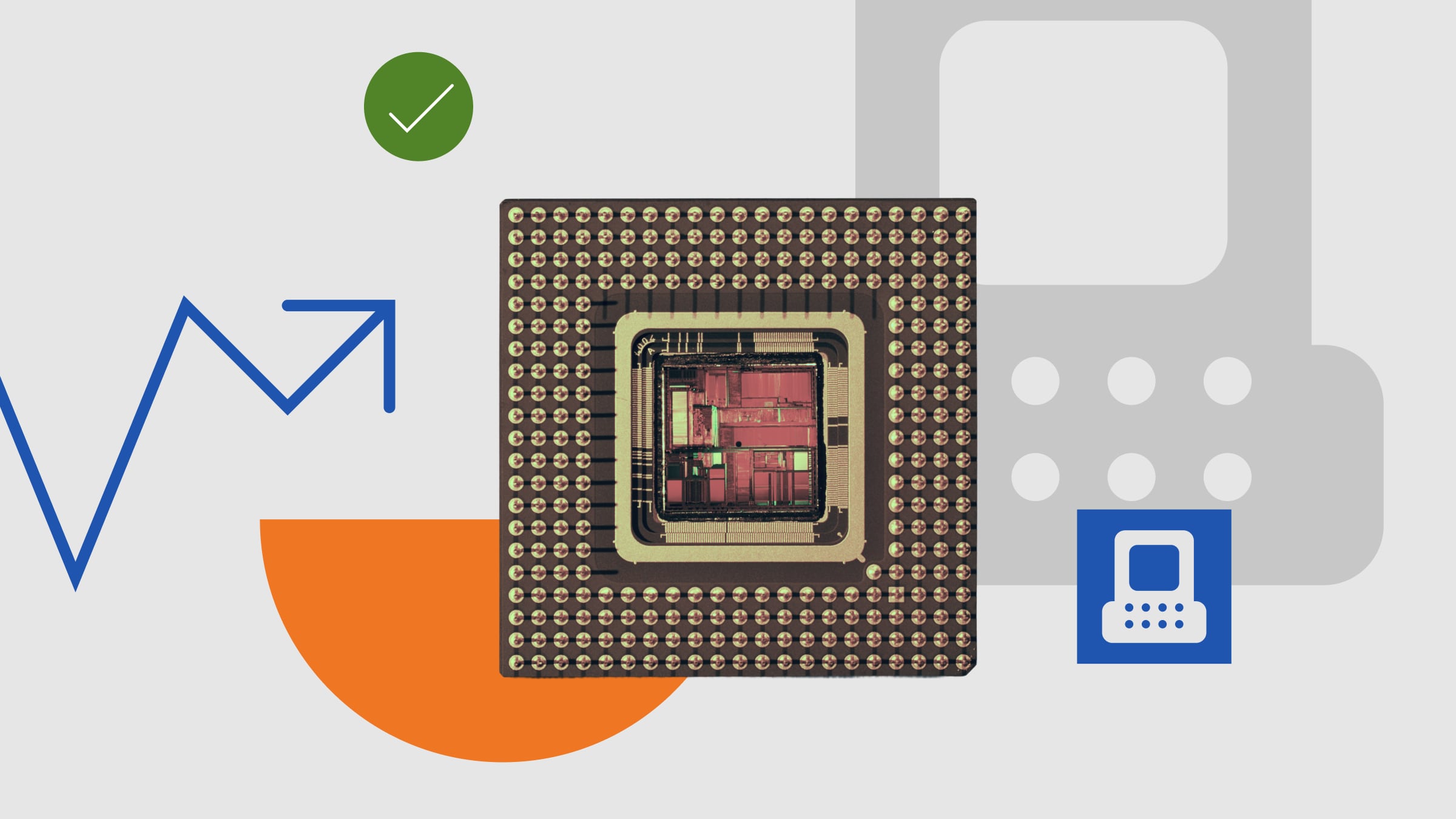 Collage illustration for Technology Sector with a semiconductor chip.