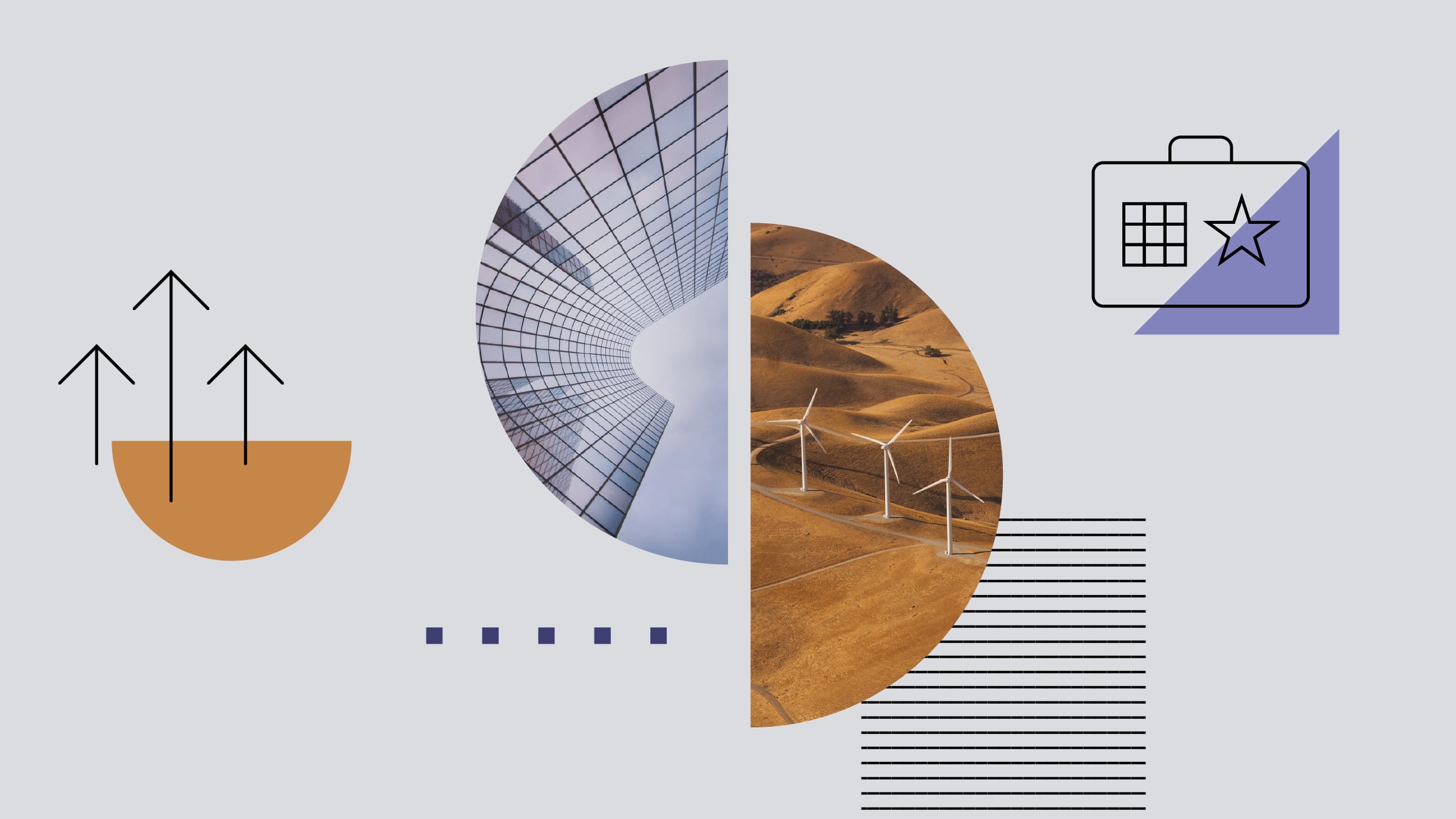 Illustrazione a collage di edifici e turbine eoliche, con varie forme e icone sullo sfondo.