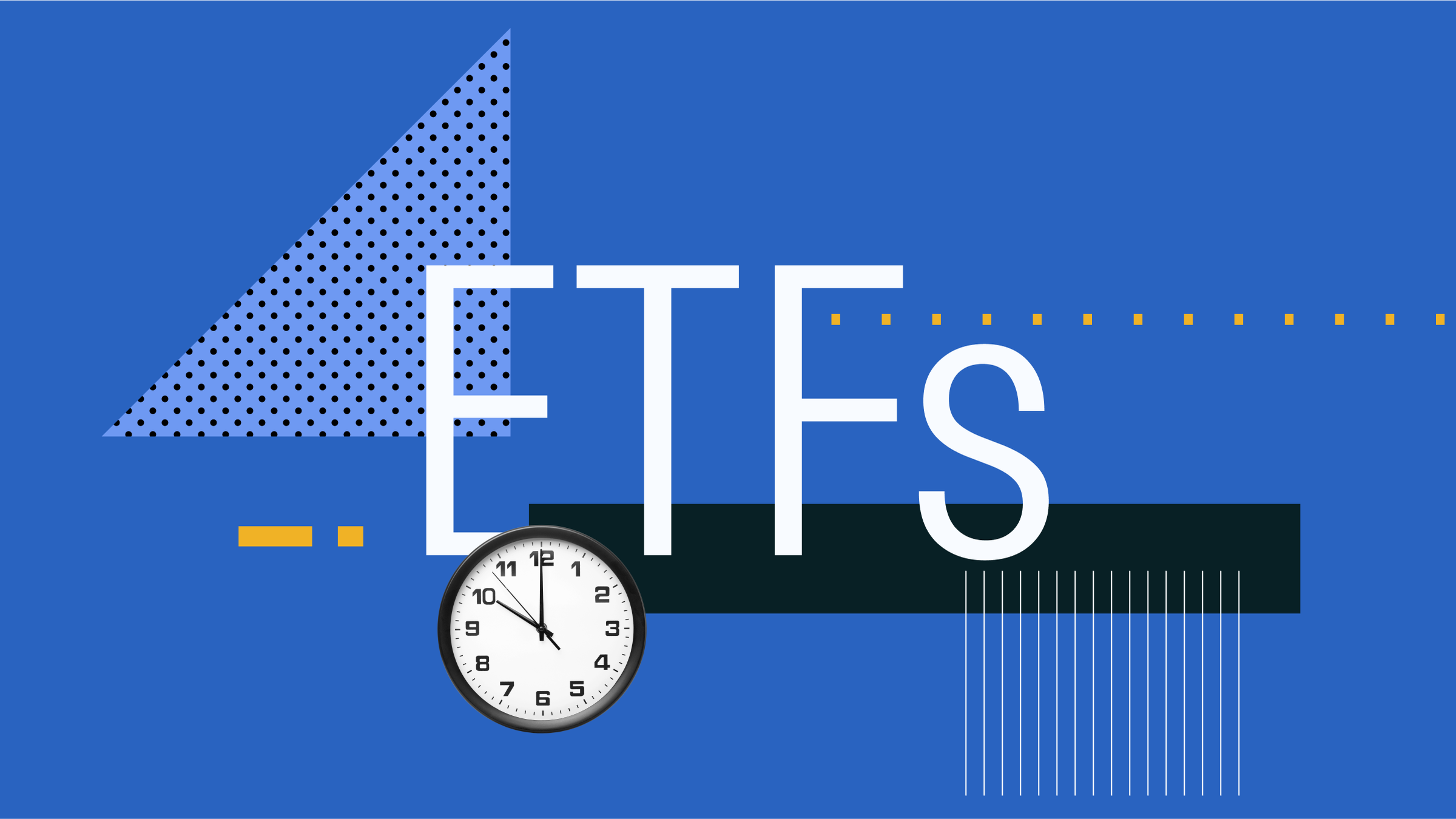 Collage illustration of the word "ETFs" with a clock and shapes in the background.