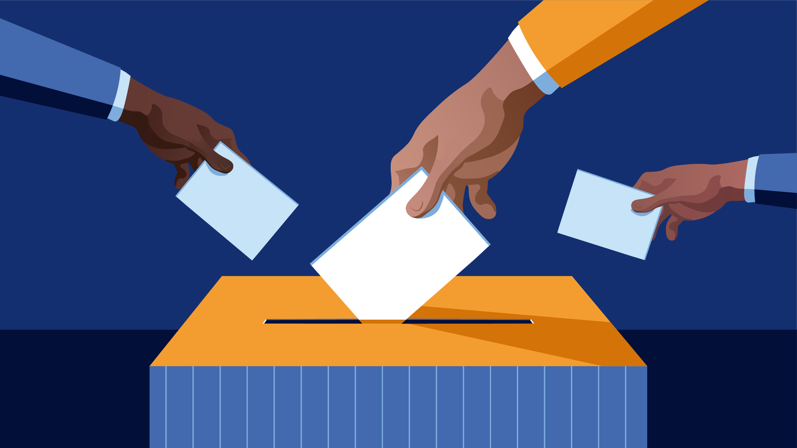 Illustration depicting three hands casting ballots into a central ballot box.