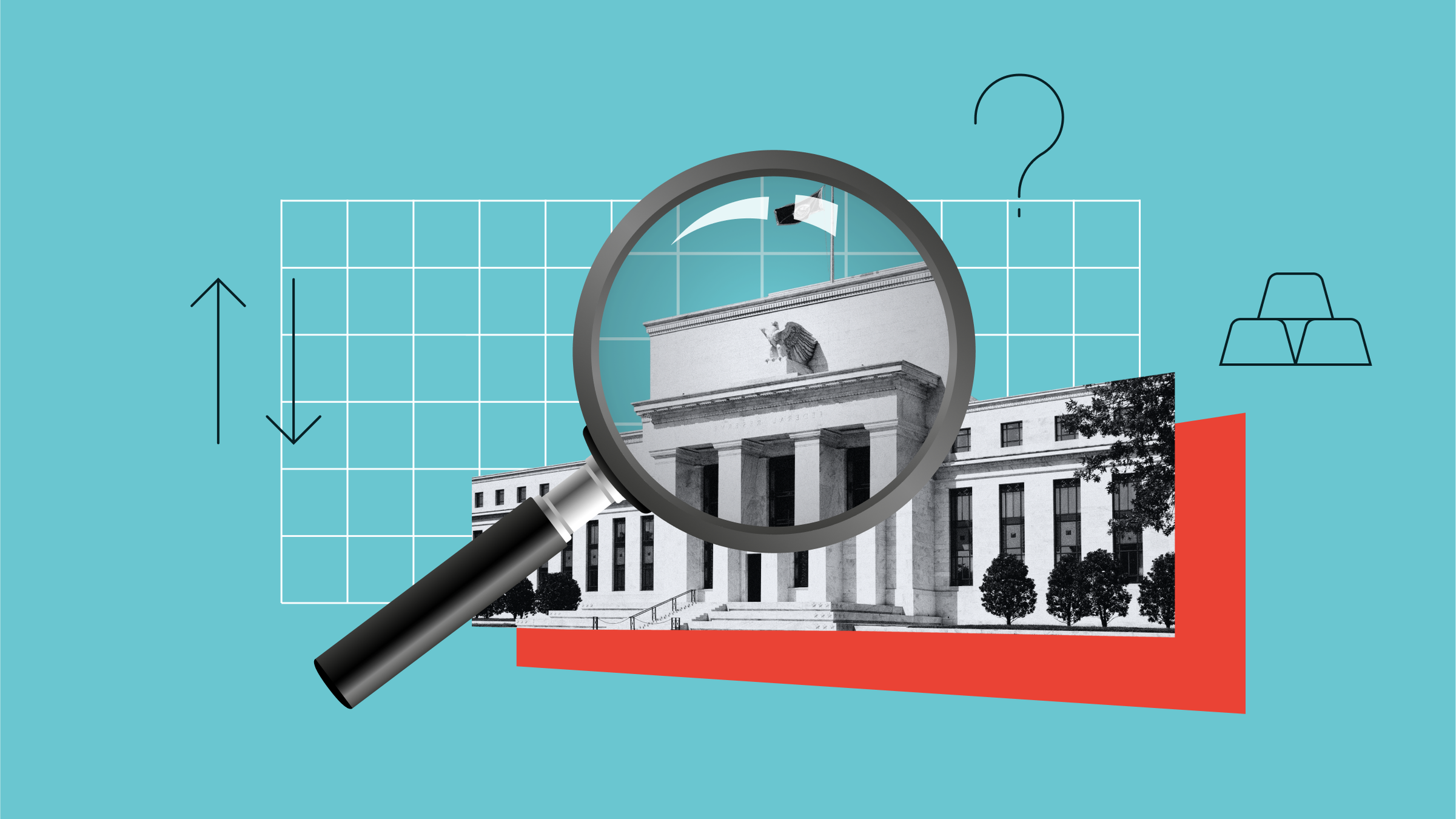 Collage illustration featuring the Federal Reserve under a magnifying glass with graph elements in the background.