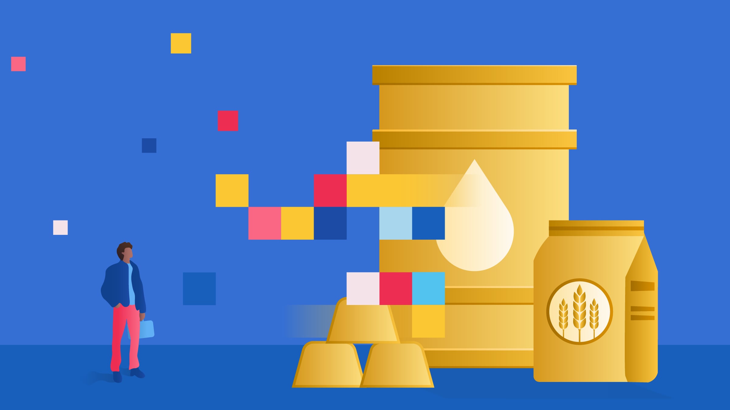 Illustrazione pixelata di una lattina di petrolio, un sacchetto di farina e barre di metallo, con un investitore che tiene in mano un sacchetto di portafoglio.