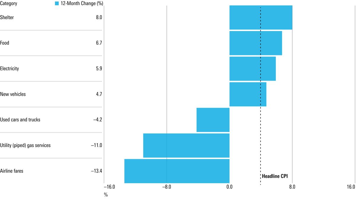 Gráfico de barras que muestra la variación porcentual en 12 meses de determinados componentes del IPC, como las tarifas aéreas, la electricidad y los alimentos.