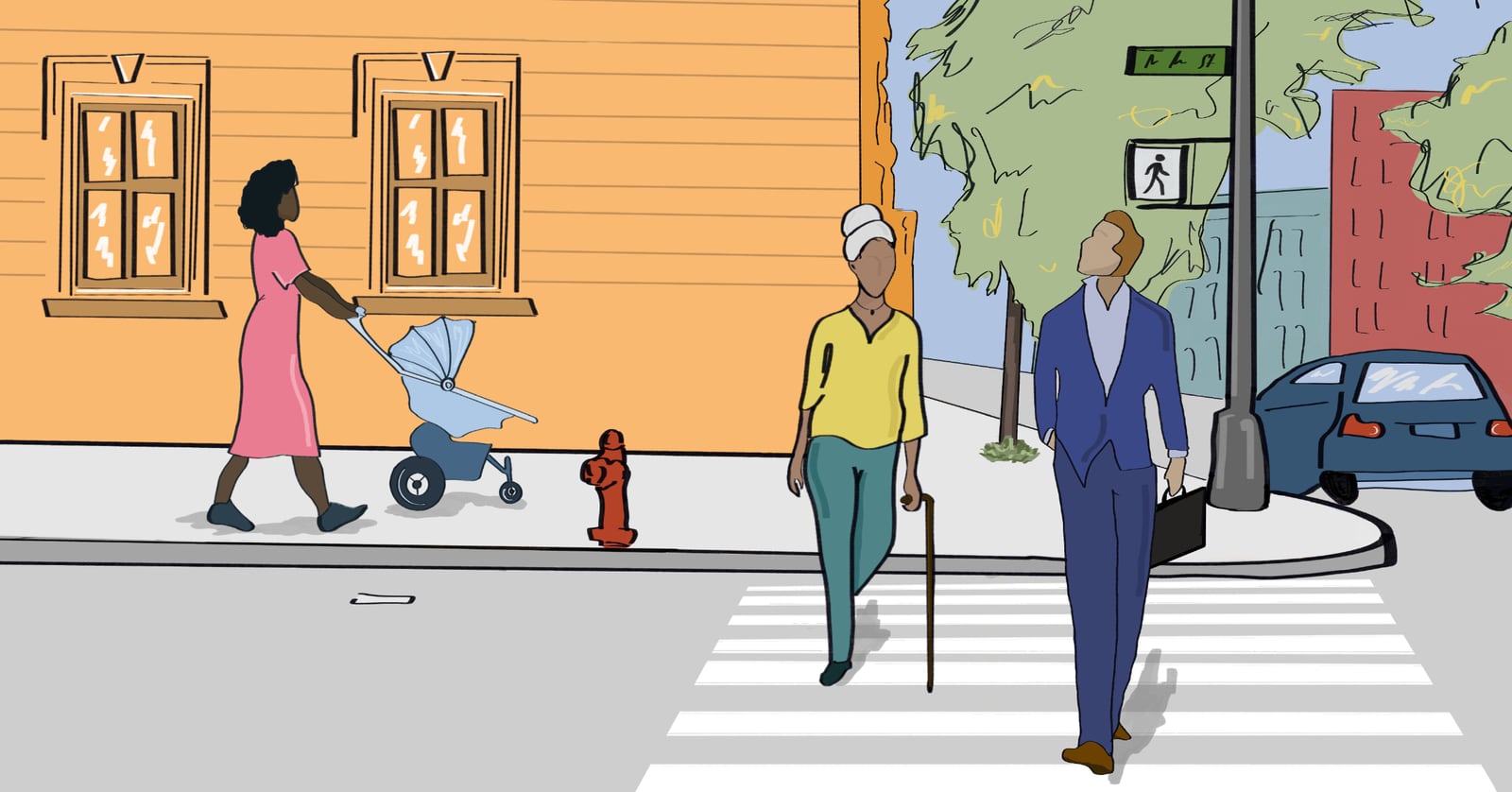 Illustration of investors walking on a street corner
