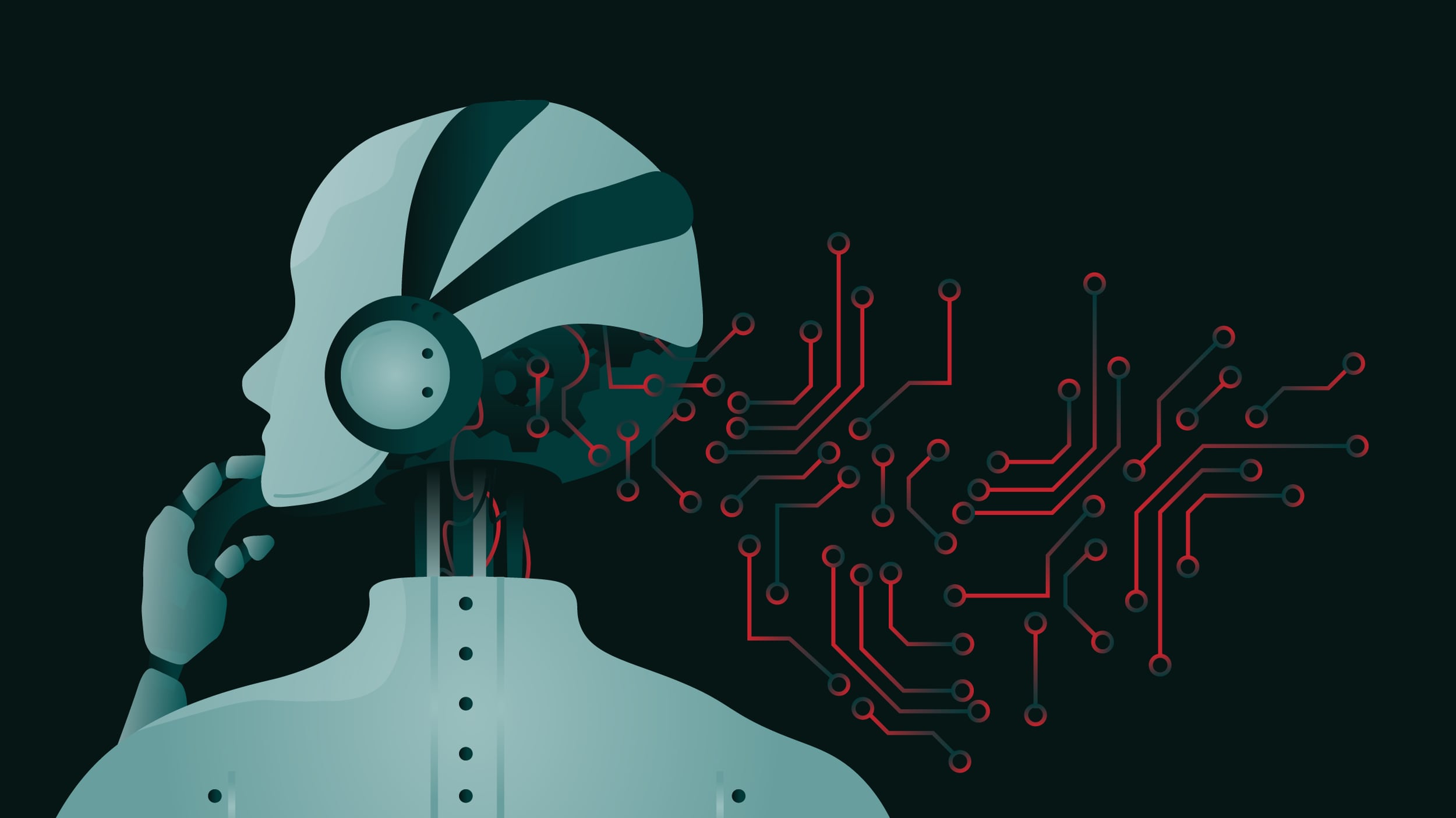 L'illustrazione dell'IA föreställande en robot i tankar med röda och gröna kretstrådar som sträcker sig från huvudet och representerar robotens kognitiva process