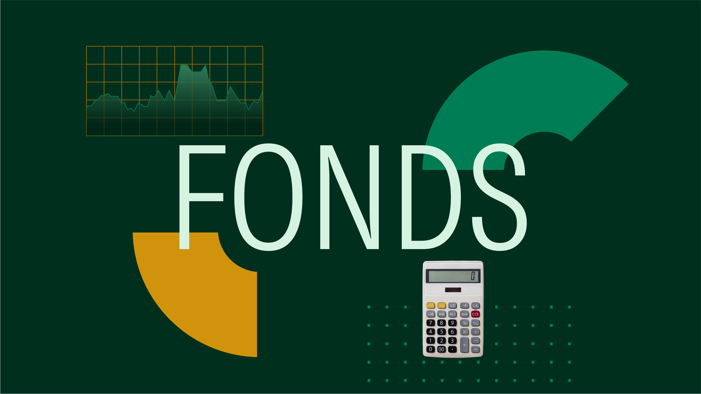 Collage illustration with the text "Fonds" at the center and a calculator and graphical elements in the background.
