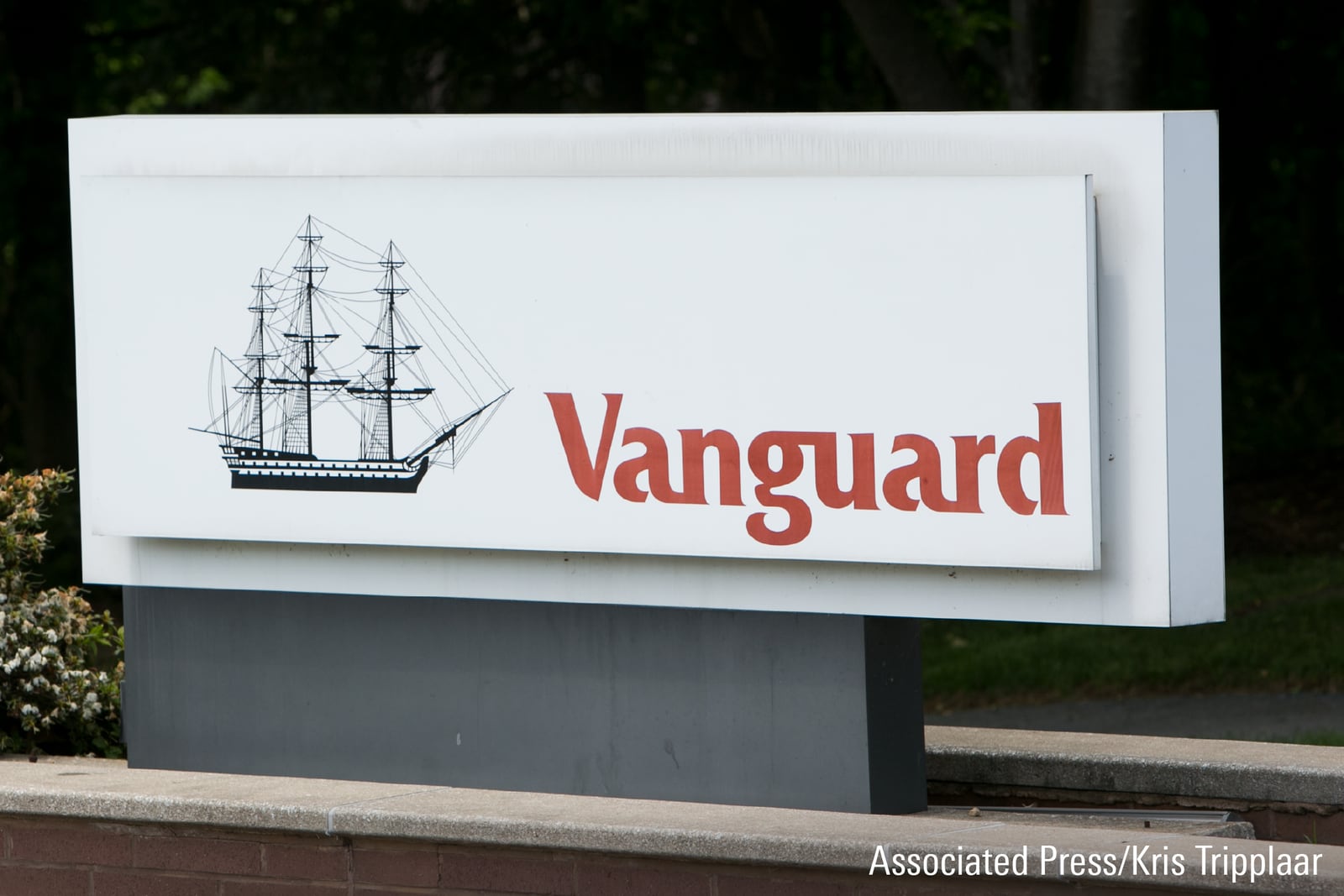 A photograph featuring a Vanguard&#39;s logo sign outside its headquarter in Malvern, Pennsylvania.