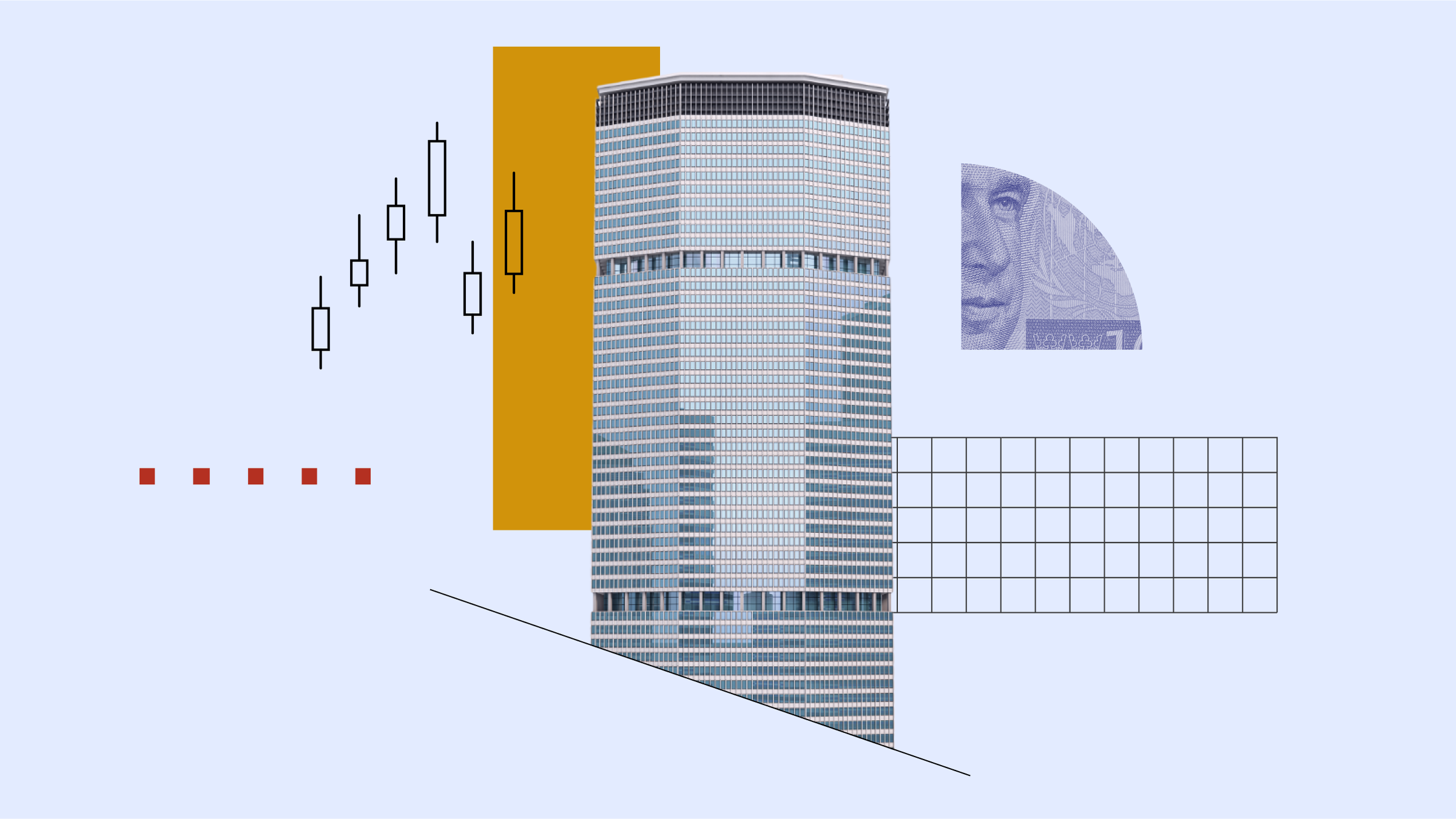 Collage illustration featuring company building with imagery of stock whiskers and market performance in the background