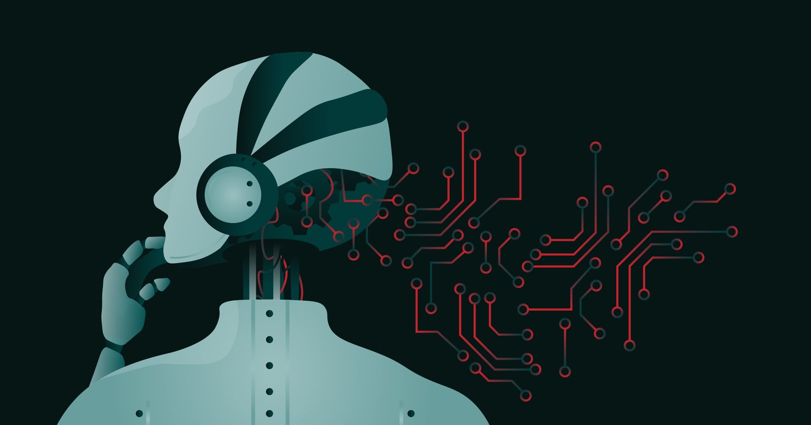 Illustration of AI depicted by a robot in thought with red and green circuit wires extending from its head, representing the robot&#39;s cognitive process