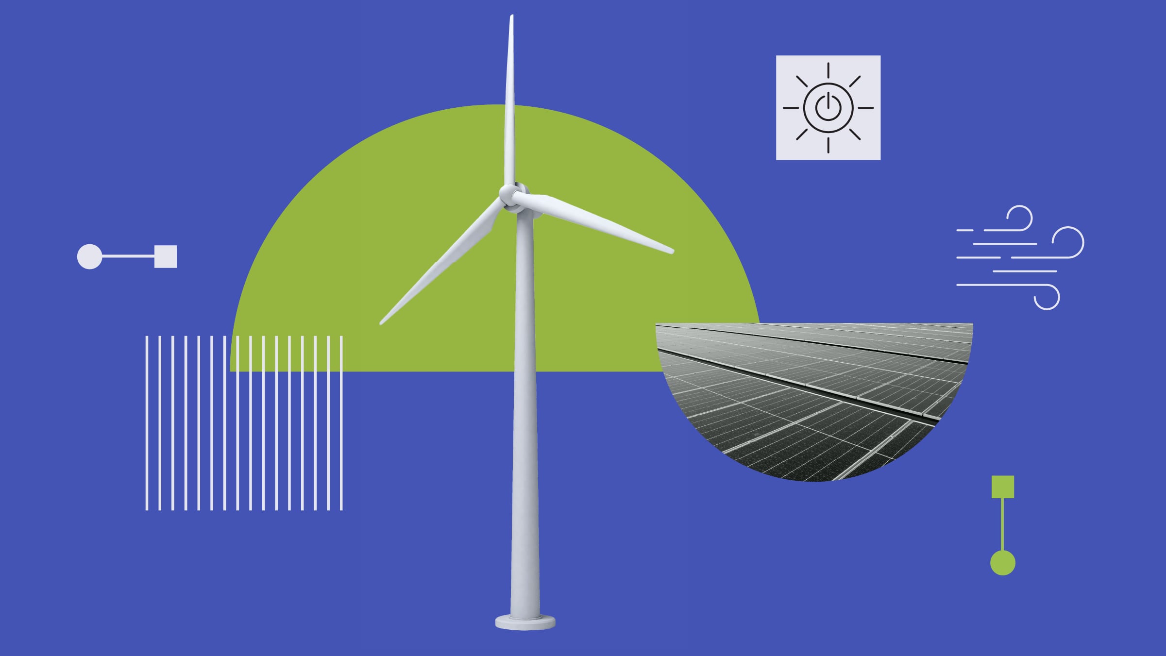Collage d'images d'énergies propres, avec des éoliennes et des panneaux solaires, et des icônes de durabilité.