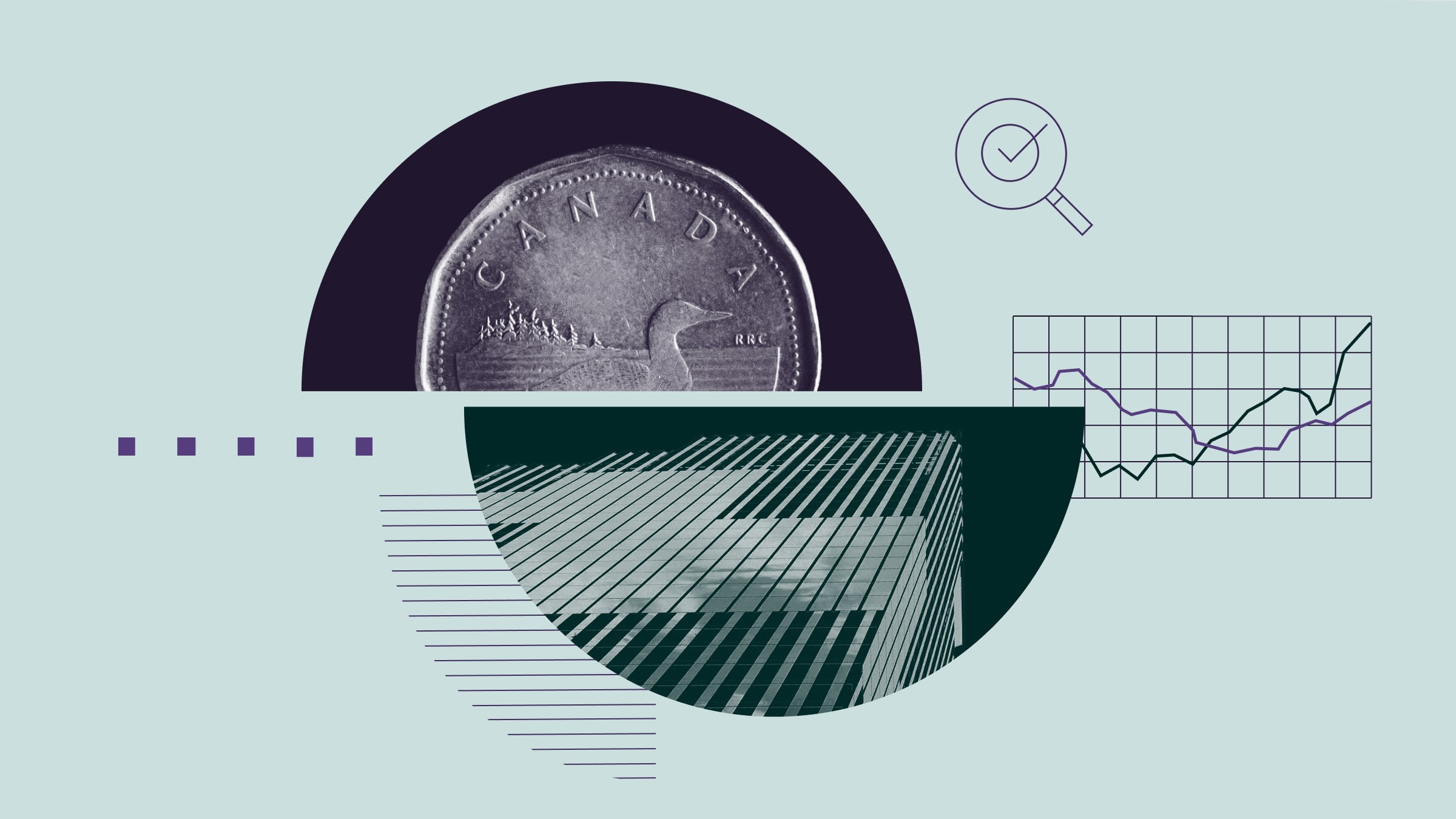 Illustration de collage représentant une pièce d'un dollar canadien, un gratte-ciel et des éléments graphiques abstraits.