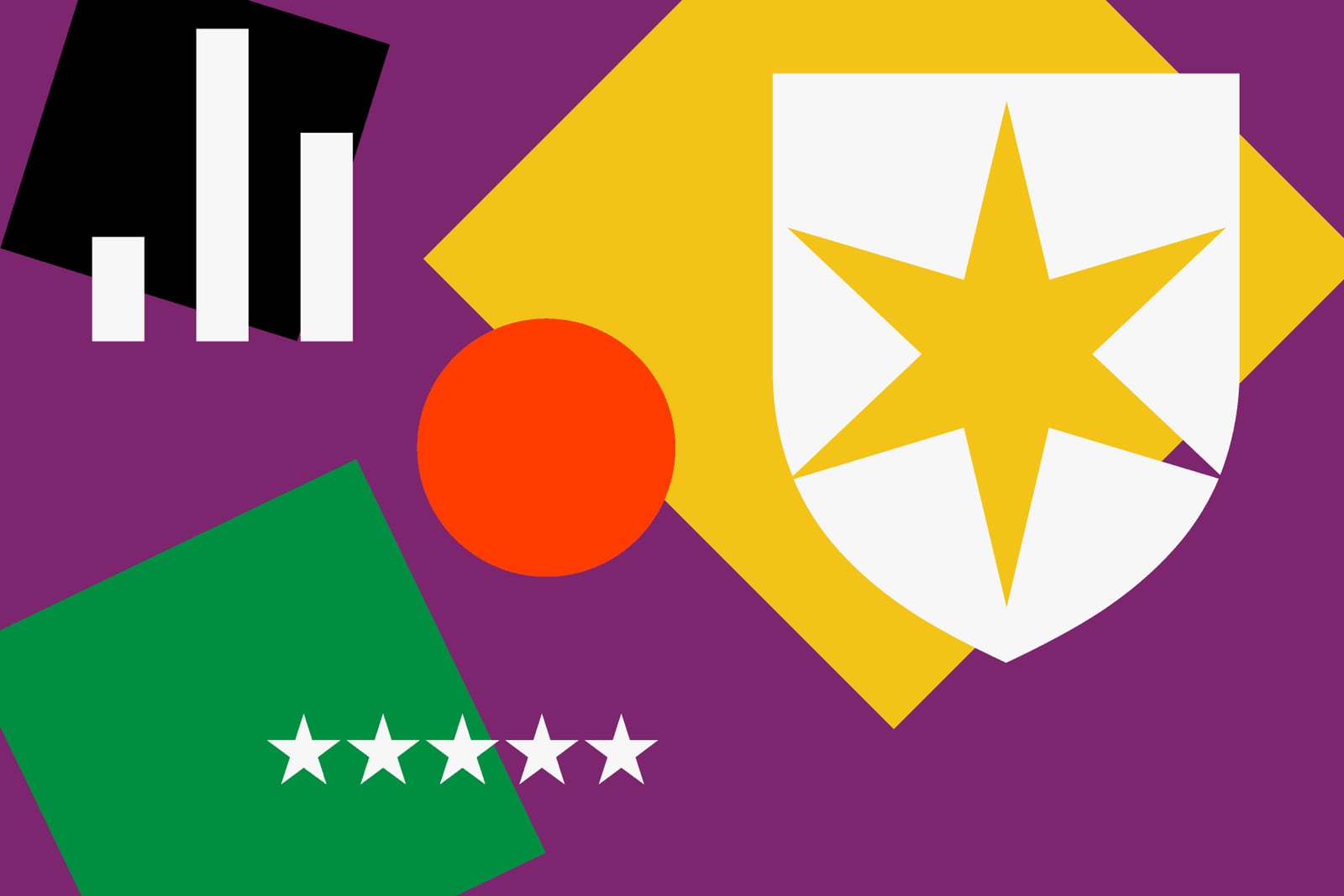 Illustration of white stars reminiscent of Morningstar&#39;s ratings system appearing over a purple background with multi-colored shapes