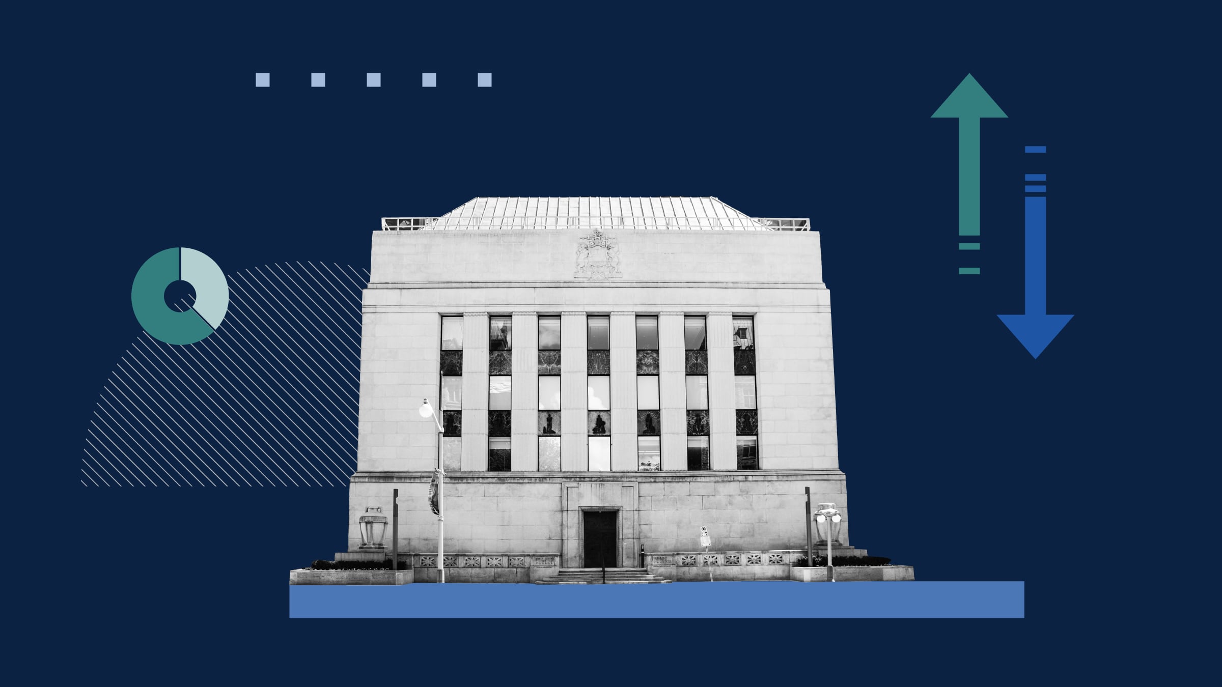 Collage illustration of the Bank of Canada with background shapes and icons