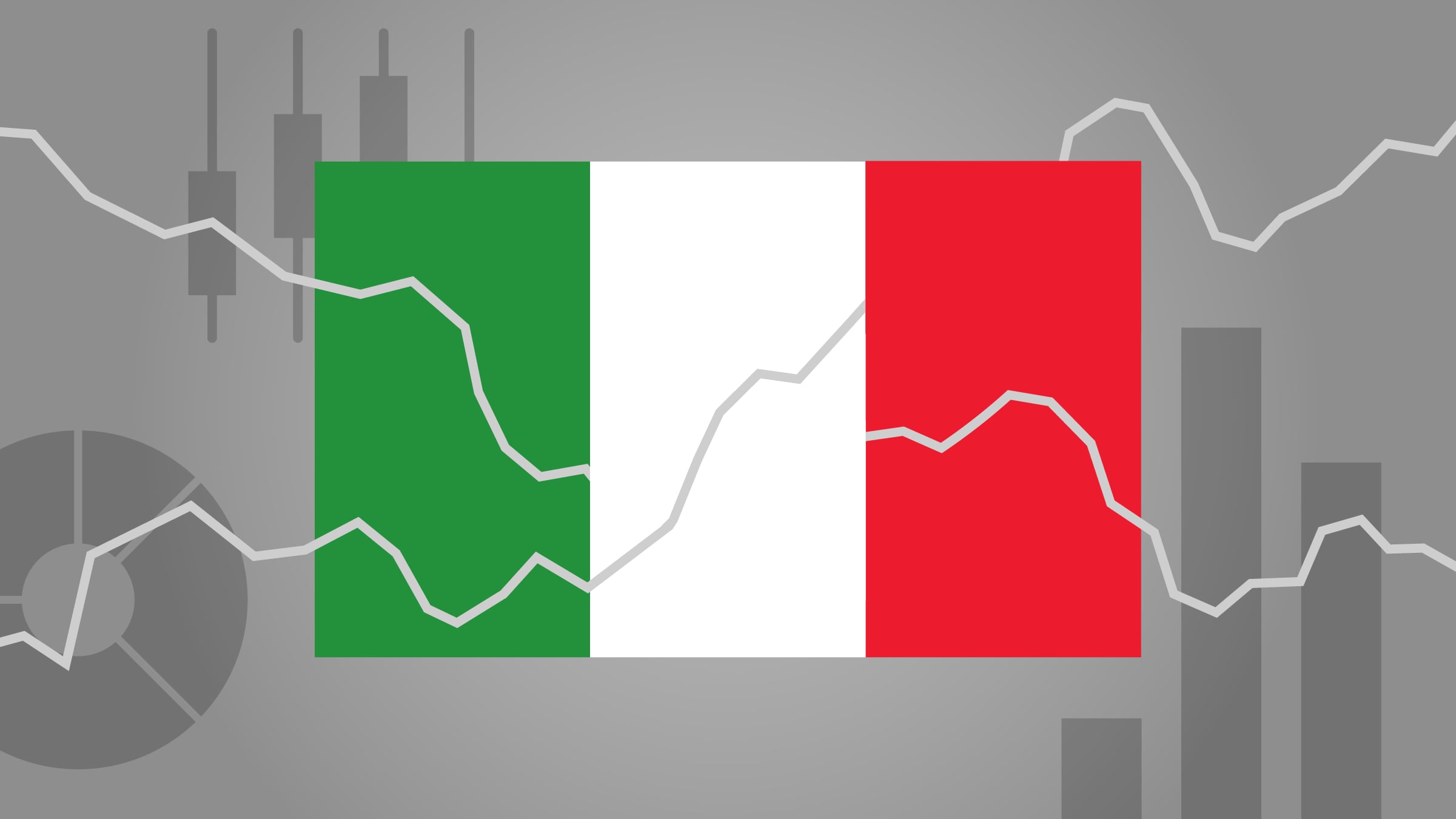 illustrazione di una bandiera con icone di grafici e linee di serie temporali.