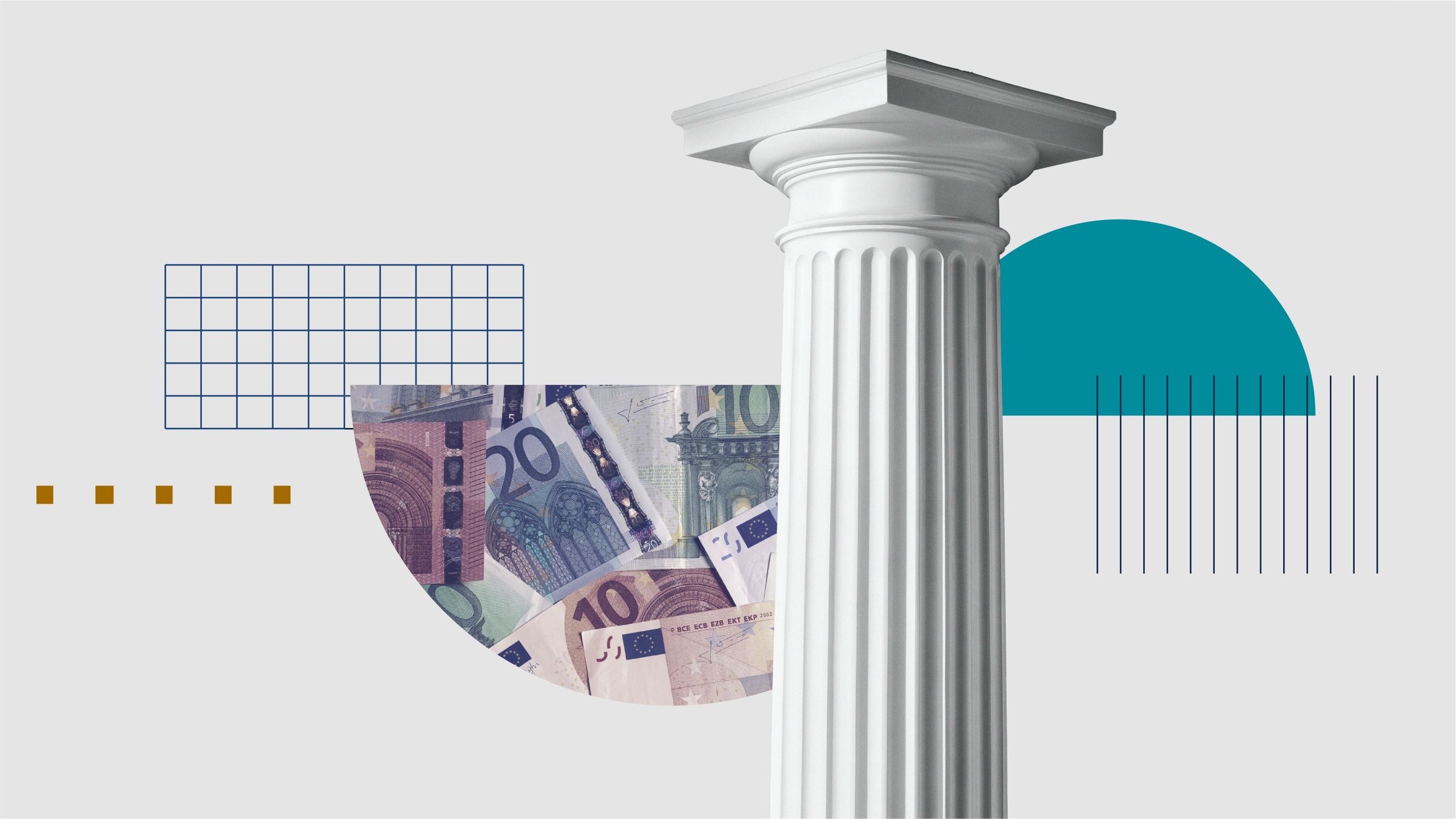 Collage-illustratie met een zuil en eurovaluta