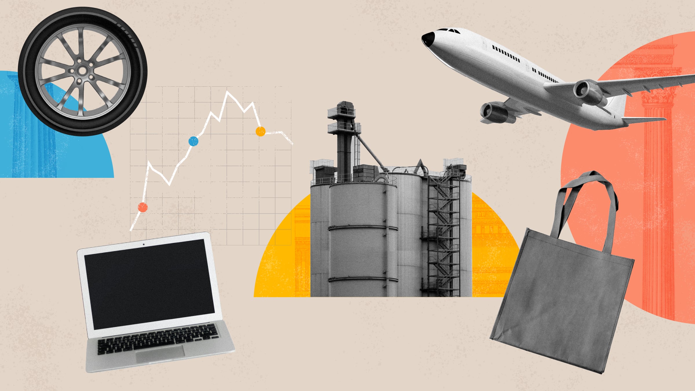 Collage avec une usine, un avion, un ordinateur, un pneu et un sac à provisions pour représenter l'état de l'économie.