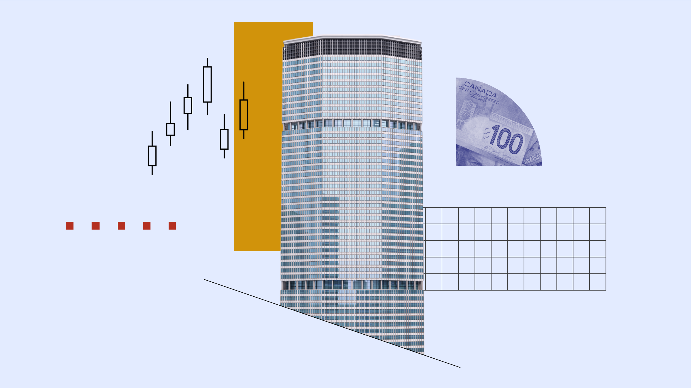 Collage illustration featuring company building with imagery of stock whiskers and market performance in the background