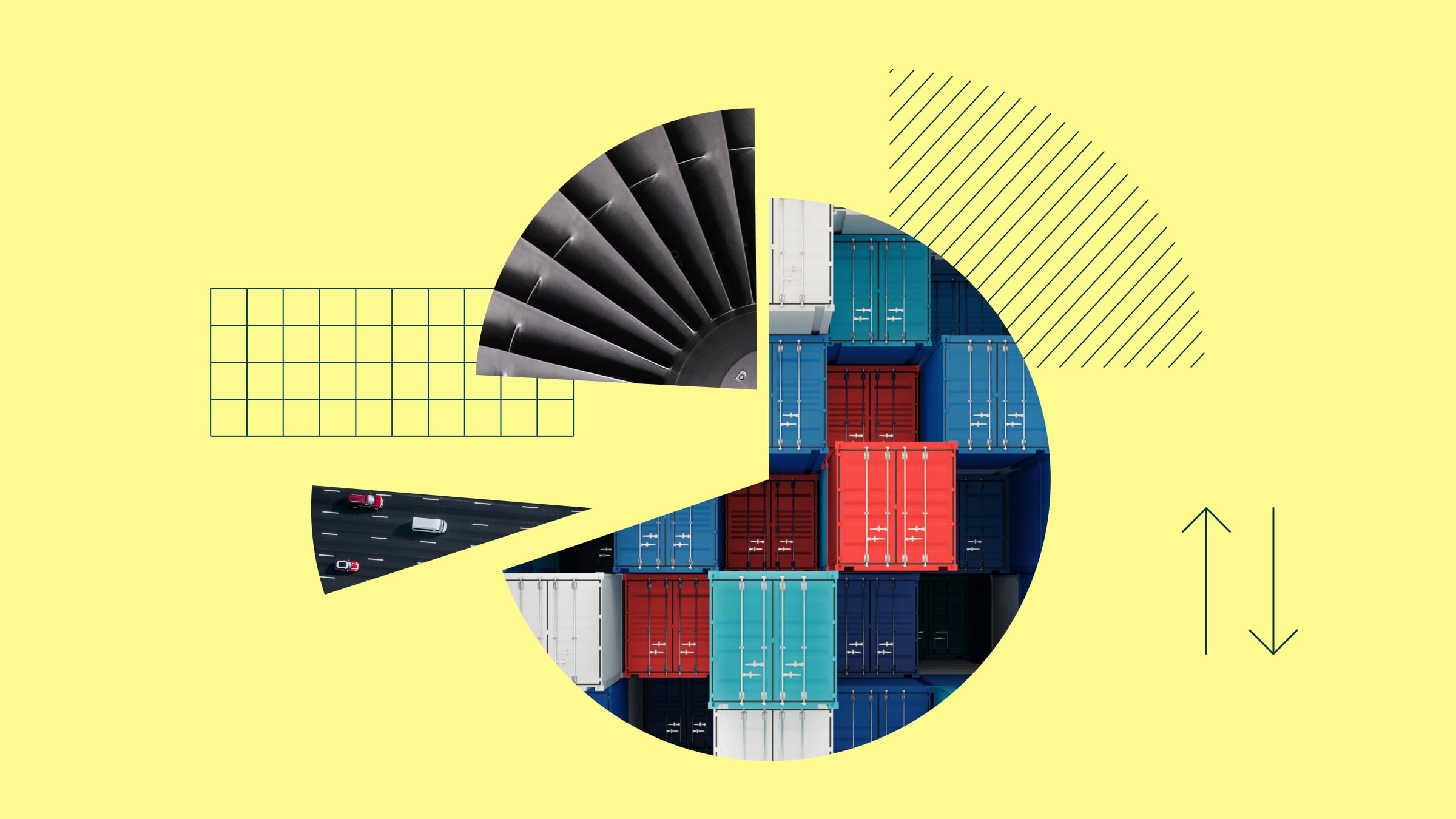 Illustratie in collagestijl van een taartdiagram met segmenten die foto's bevatten van zeecontainers, industriële apparatuur en auto's op een snelweg.