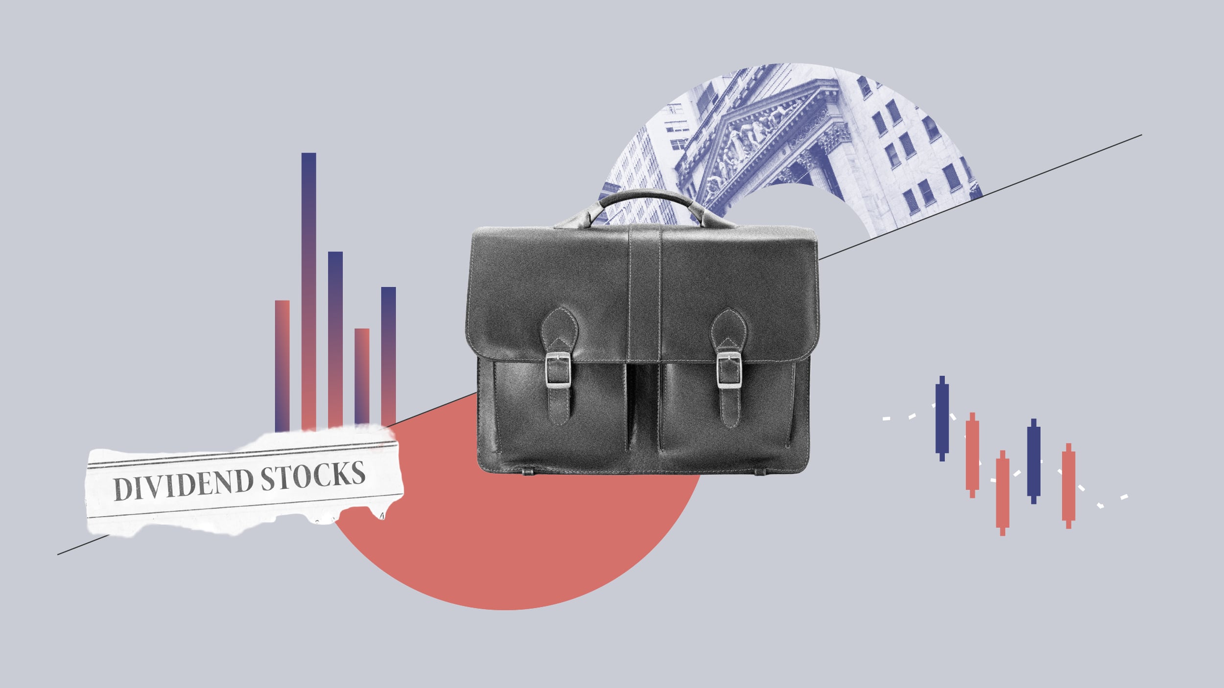 Collage med en portfölj, tidningsurklipp om utdelningsaktier och grafiska element.
