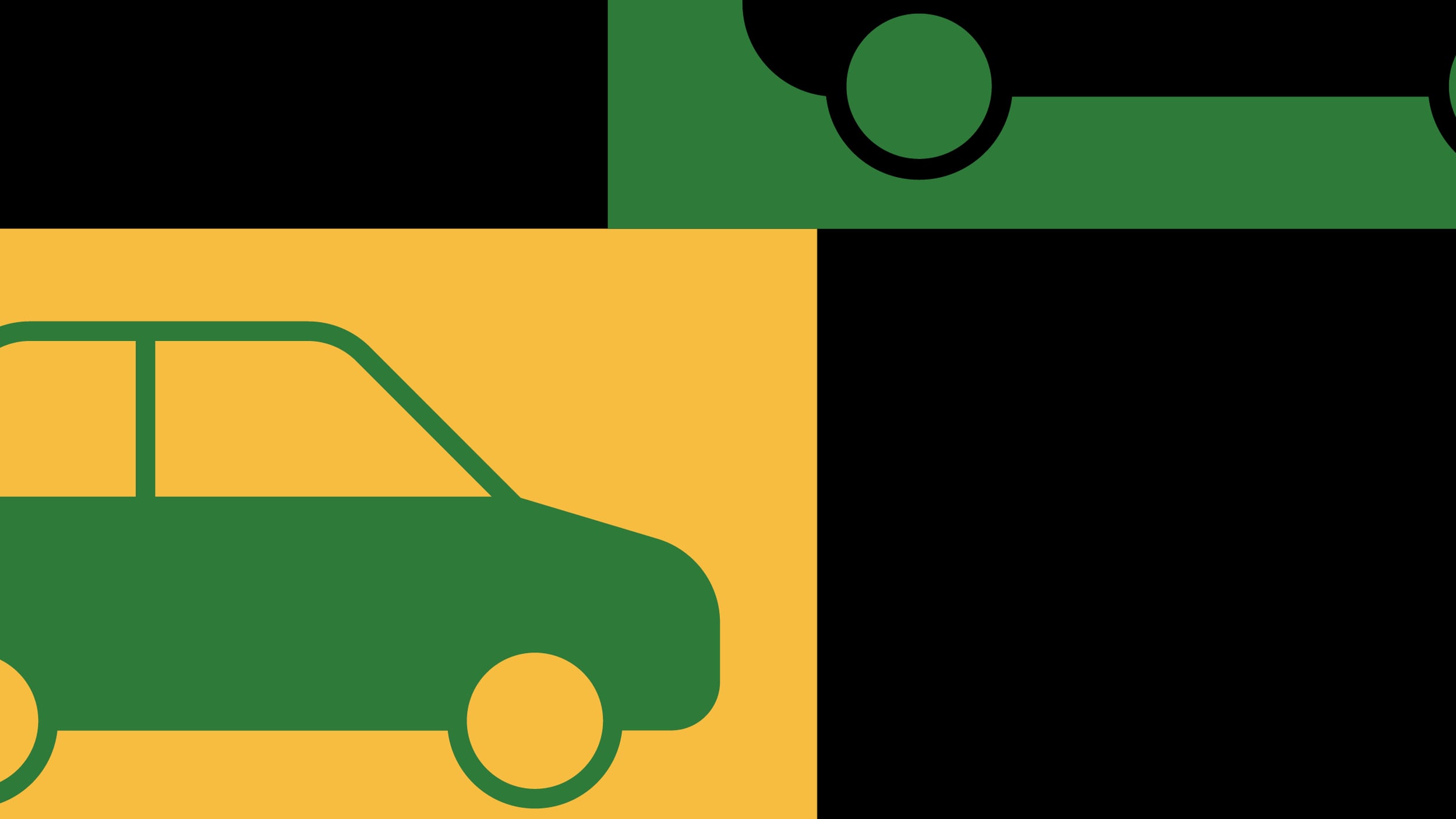 Illustrazione di un'auto verde delineata in giallo e di metà di un'auto nera delineata in verde davanti a uno sfondo nero che raffigura l'industria automobilistica