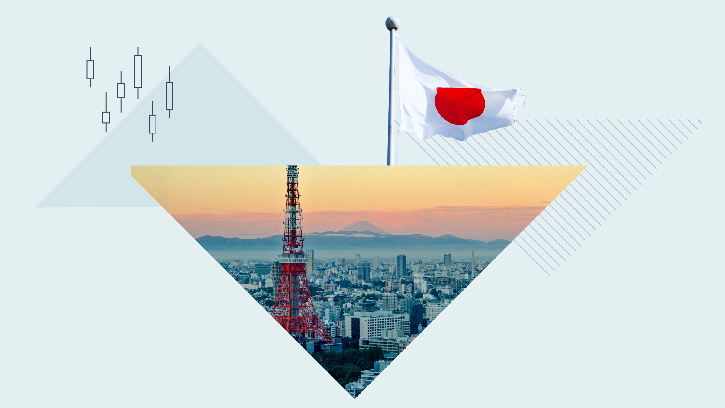 Collage-illustratie met op- en neergaande driehoeken, waaronder een foto van Tokio in de ene driehoek, de Japanse vlag en snorharen in de voorraadkaart.