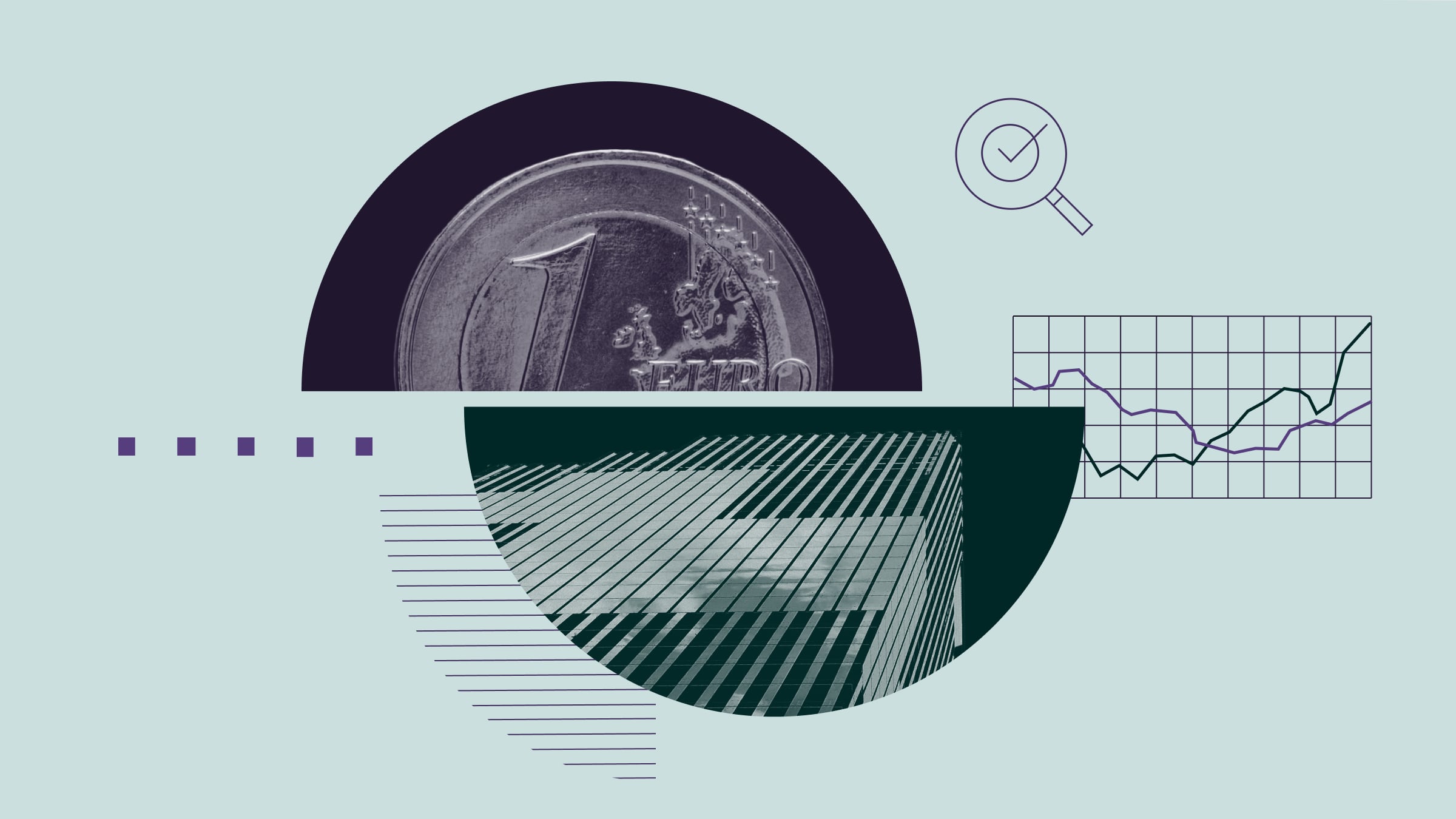 Illustrazione a collage con un'Euro-Münze, uno städtischen Wolkenkratzer e elementi grafici astratti.