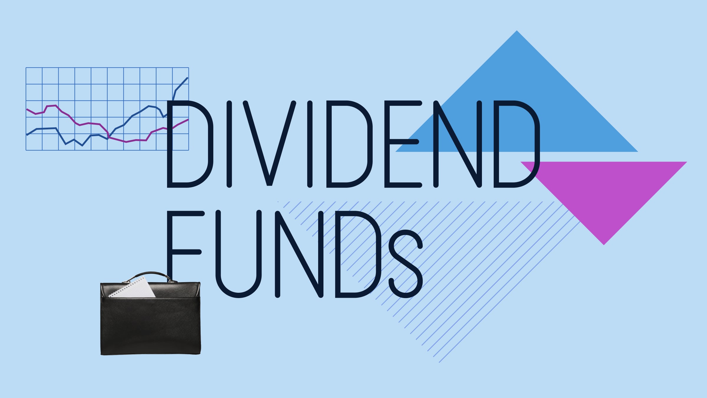 Collage-illustratie met de tekst "Dividend Funds" in het midden en een portefeuille en grafische elementen op de achtergrond.